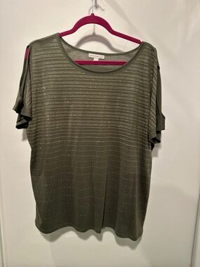 Westport Olive Green Short Sleeve Cold-Shoulder Top with Metallic Dots 1X